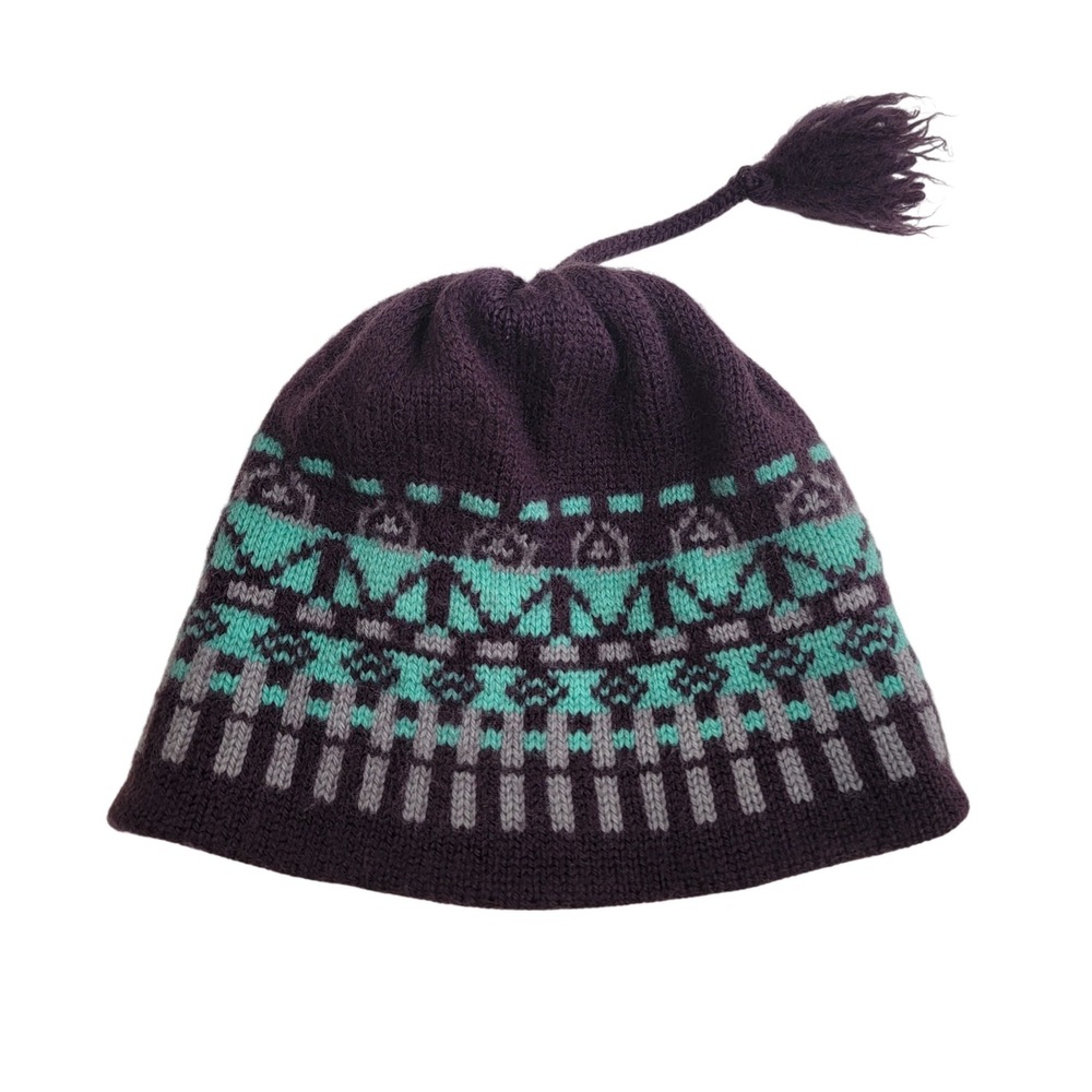 Capello Vintage 100% Wool Beanie Hat Purple‎ Teal Geometric Knit Made in Canada